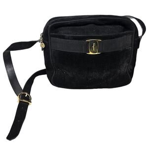 Vintage 90s Ferragamo Black Crossbody Suede Bag Classic Bow Gold Minimalist
